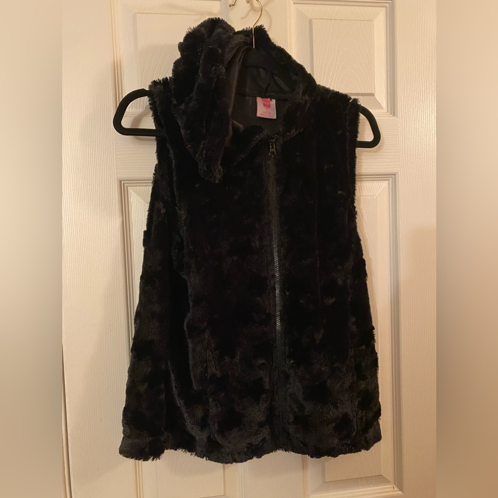 Beverly Hills Princess Black Faux Fur Hoodie Vest Size L (14/16)